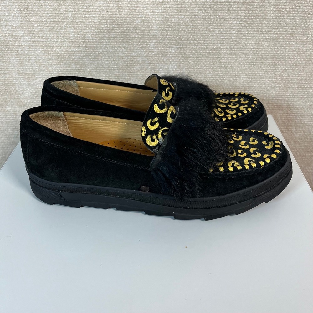Joyks Black Metallic Gold Fur Accent Slip On Chunky Loafers Size 39 US 9 - Picture 2 of 7